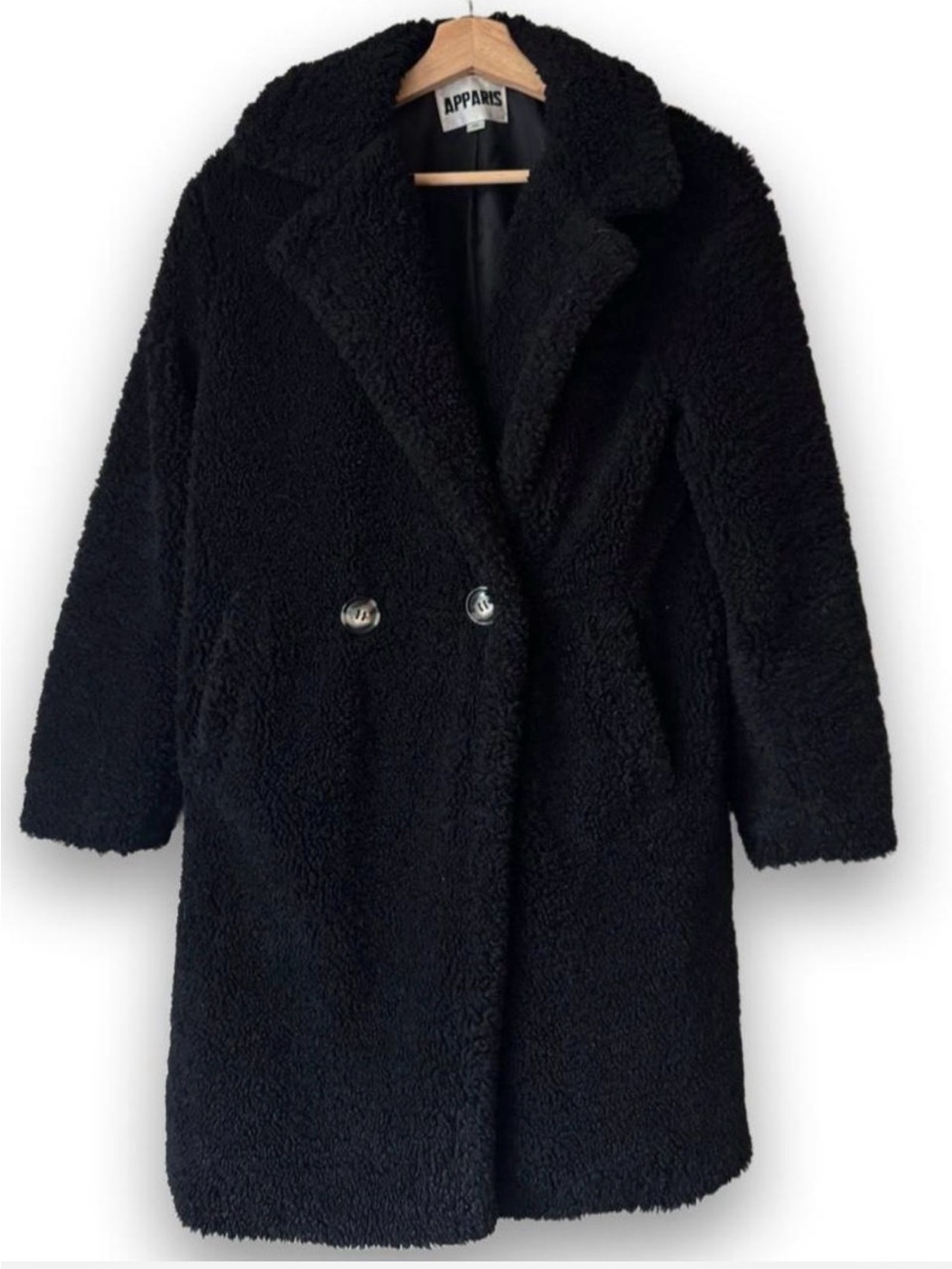 Apparis Black Teddy Faux Fur Button Coat XS
